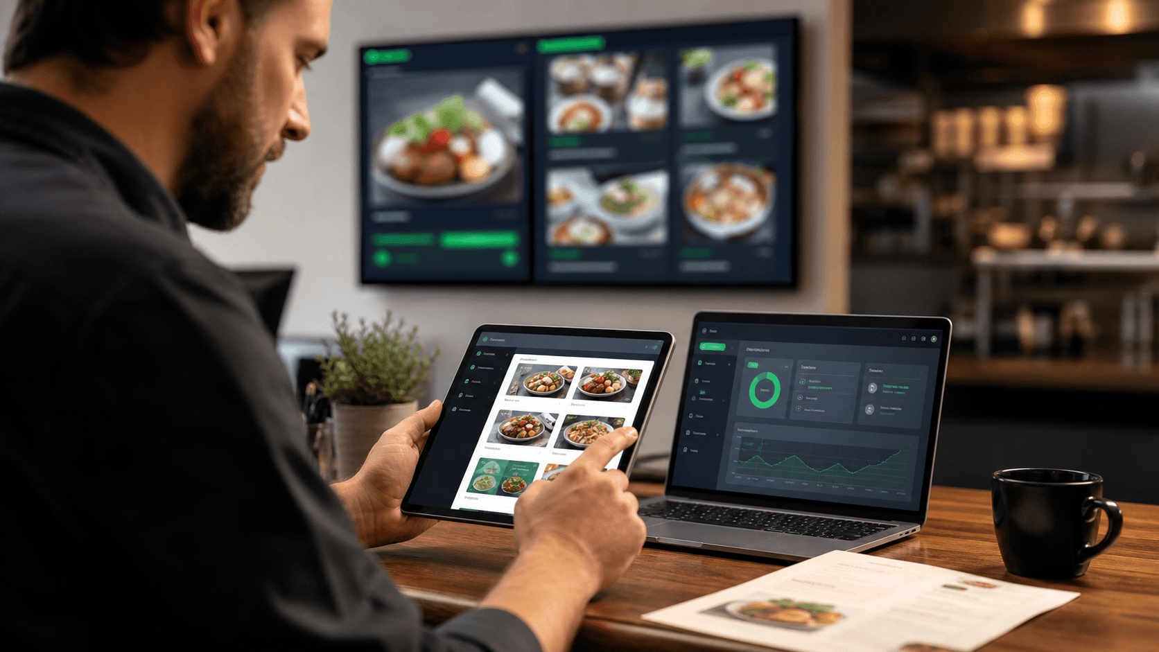 Gastronomie-Betreiber verwaltet digitale Menüboards und Speisekarten am Tablet